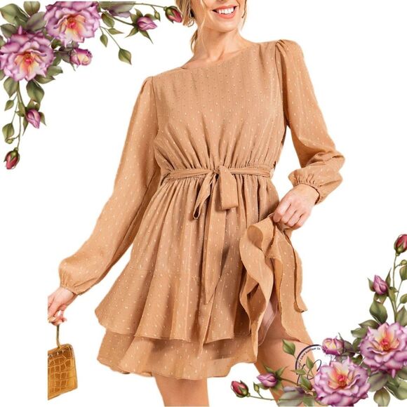 Kori Elegant Tan Long Sleeve mini Dress with belt size medium - Picture 1 of 13